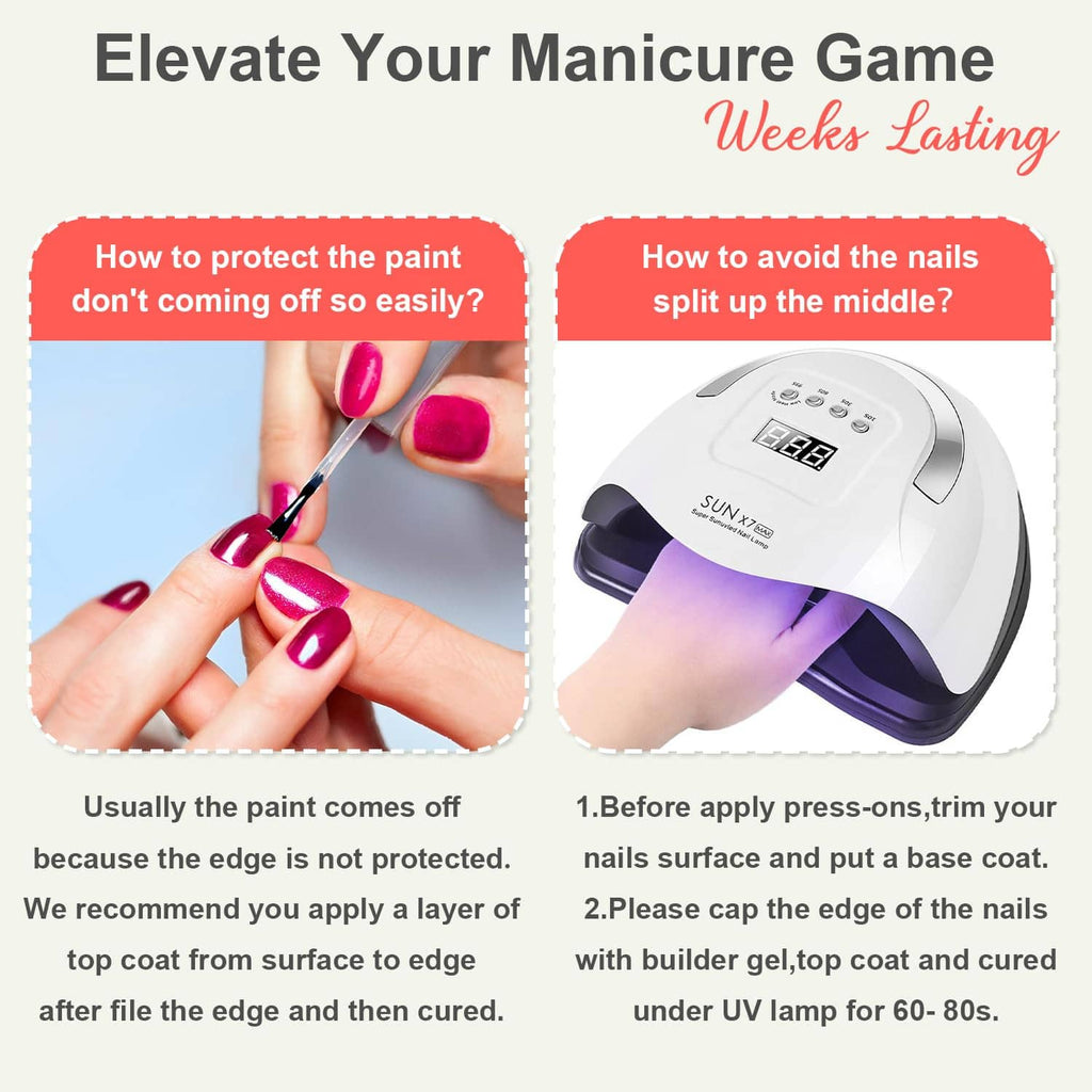 Teal blue press-on nails on hands with a UV curing device and tips shown.
