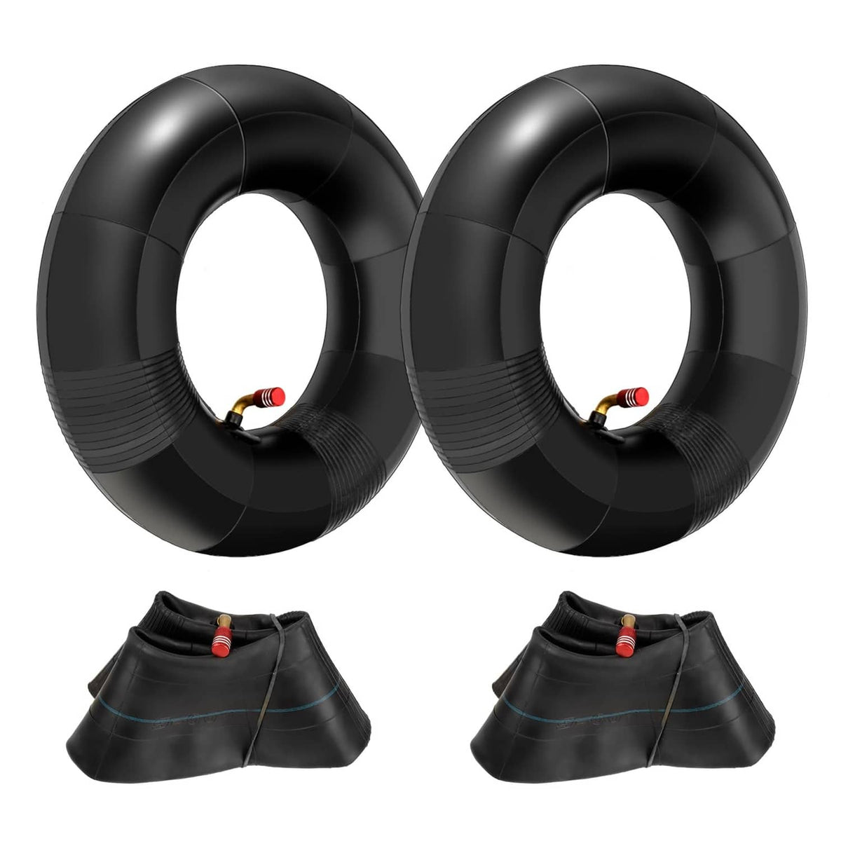 Two black 13x5.00-6 inner tubes with bent valve stems in a paired layout.