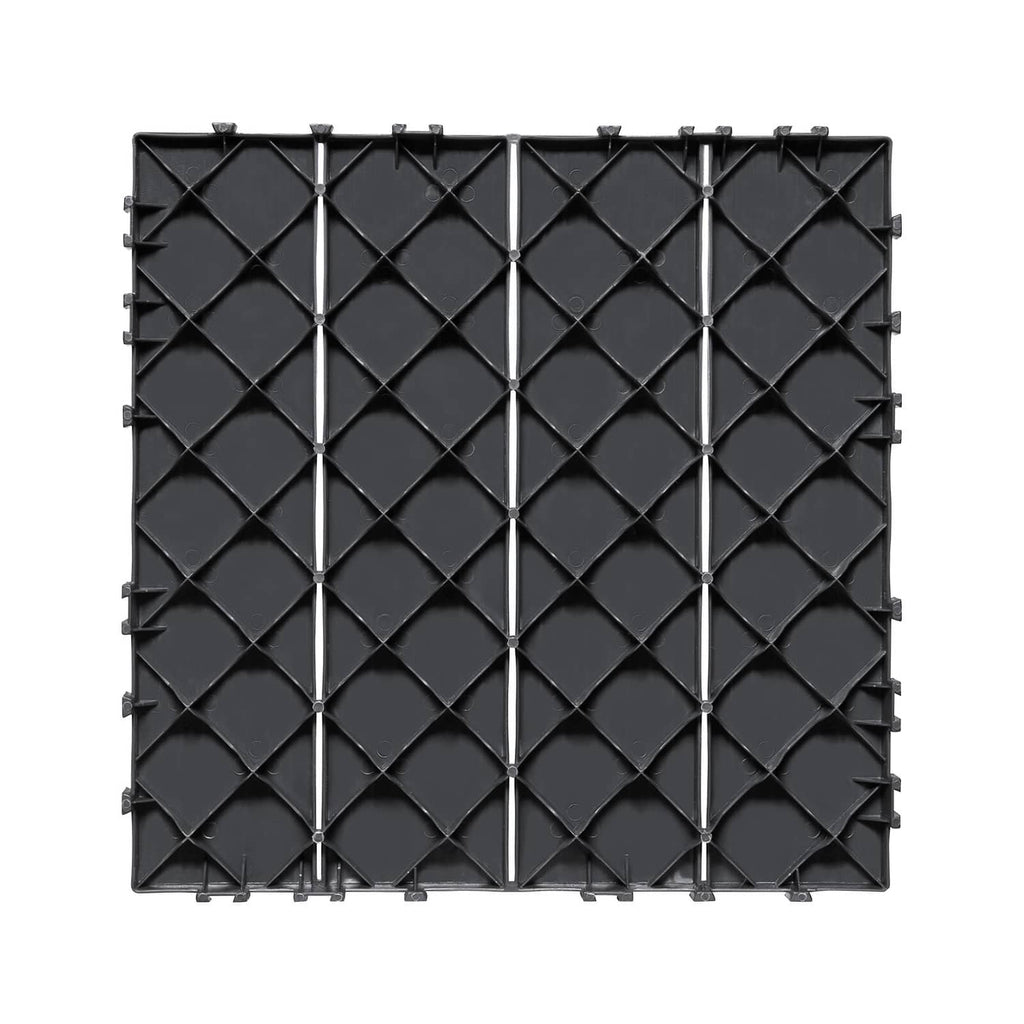 Dark grey square interlocking deck tile with diamond traction pattern underside