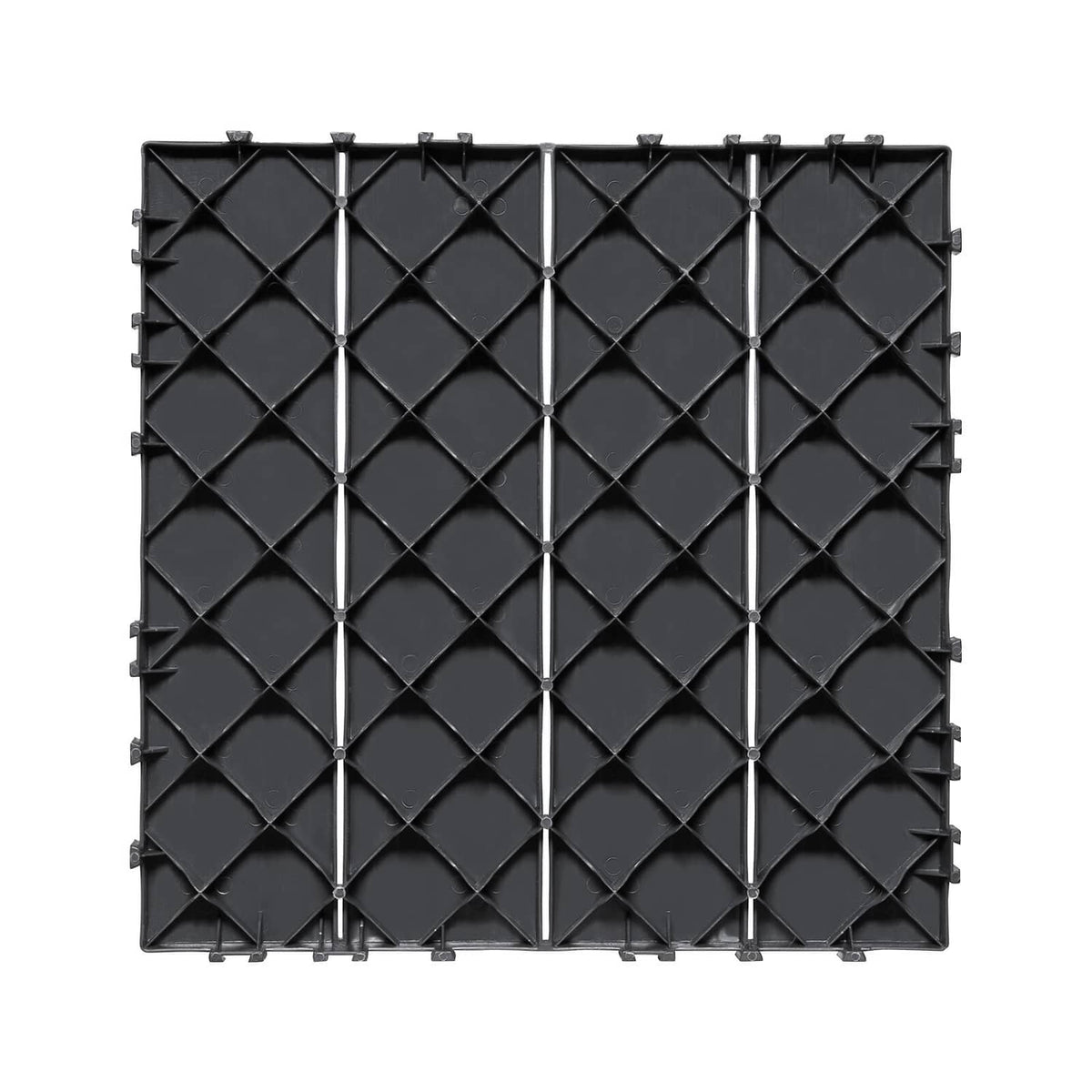 Dark grey square interlocking deck tile with diamond traction pattern underside
