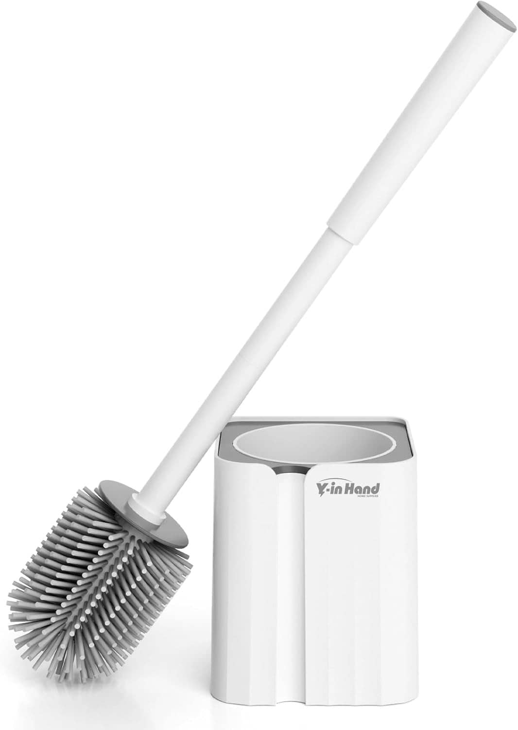 Toilet brush set with long white handle and grey bristle brush head, front view