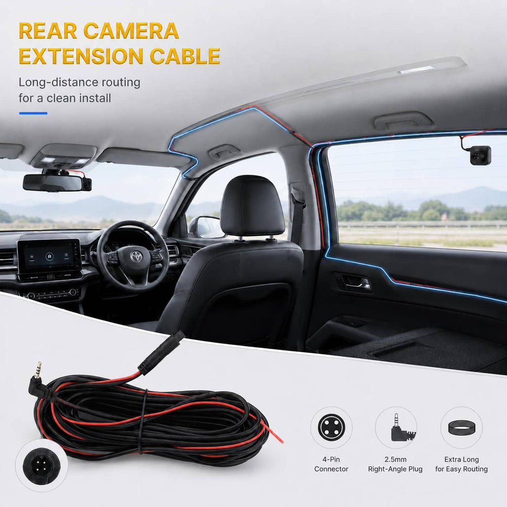 Long black rear camera extension cable with 4-pin connector and angle plug for routing