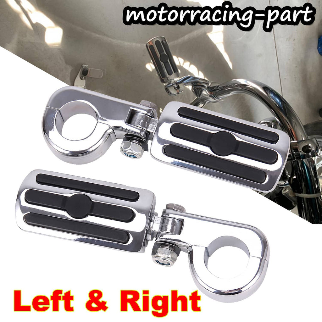 Chrome motorcycle footpegs with black rubber tread pads and U-shaped mounting brackets