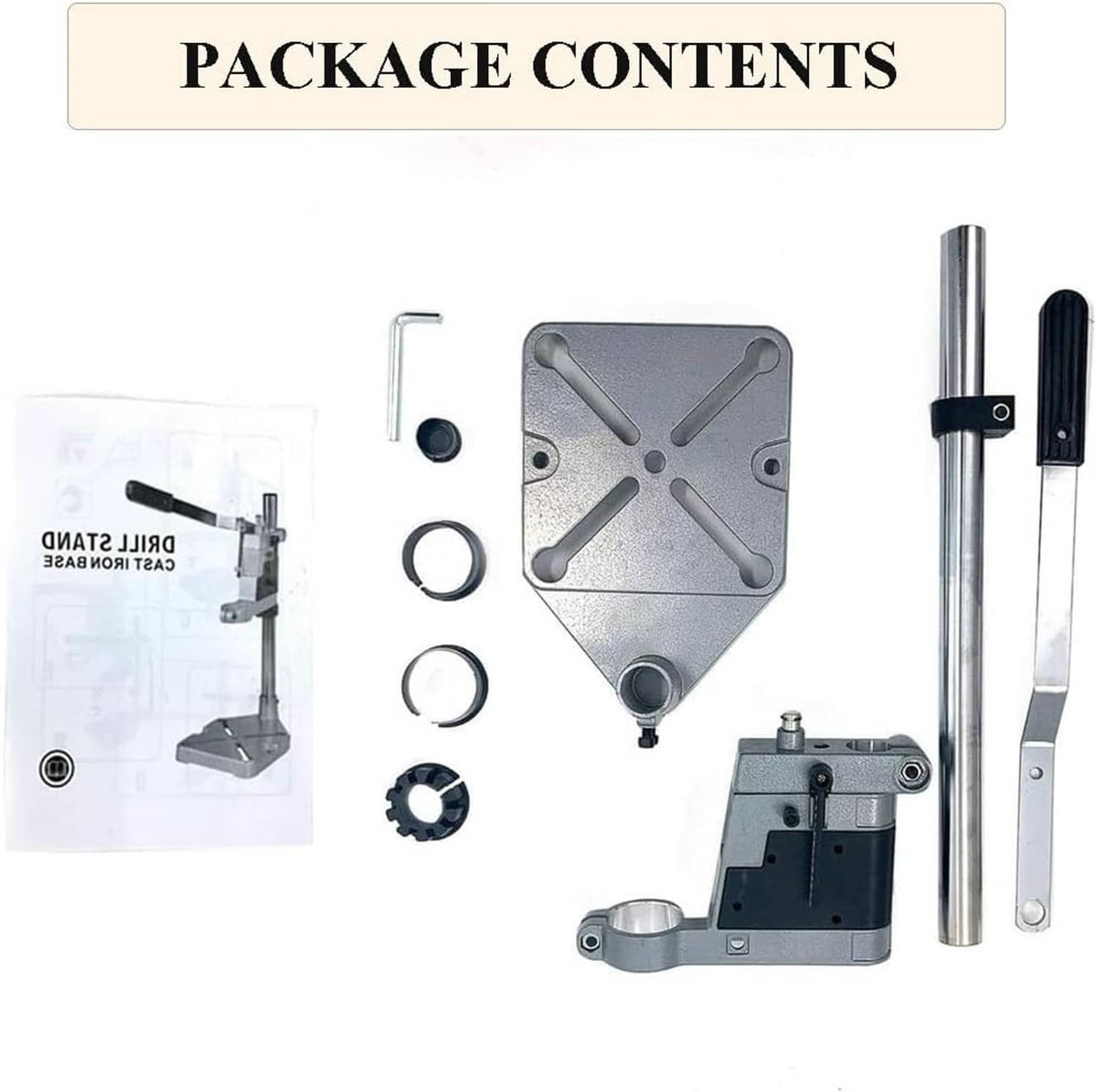 Drill press stand kit contents: gray base plate, metal rods, clamp parts, and rings