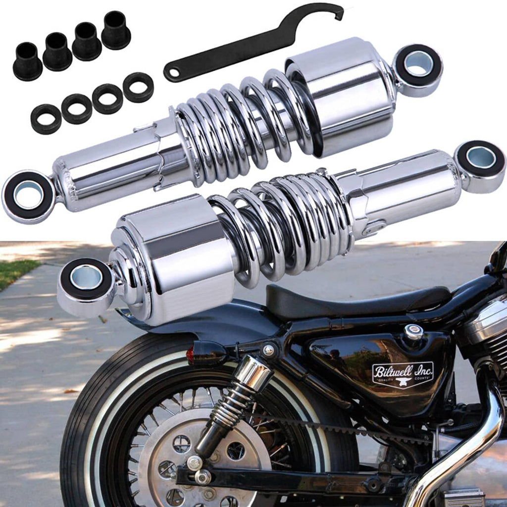 Pair of chrome rear shock absorbers with coil springs and mounting bushings