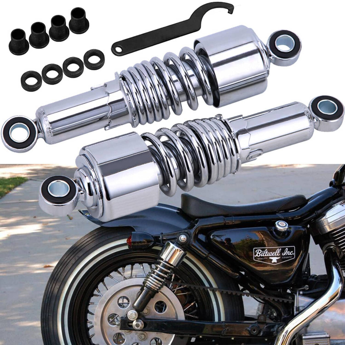 Pair of chrome rear shock absorbers with coil springs and mounting bushings
