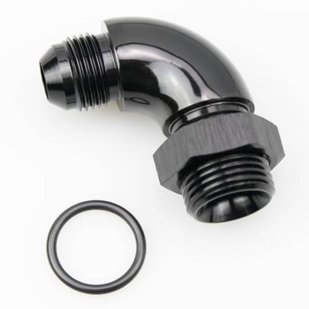 Black 90-degree AN ORB fitting with O-ring, male threaded ports on angled elbow