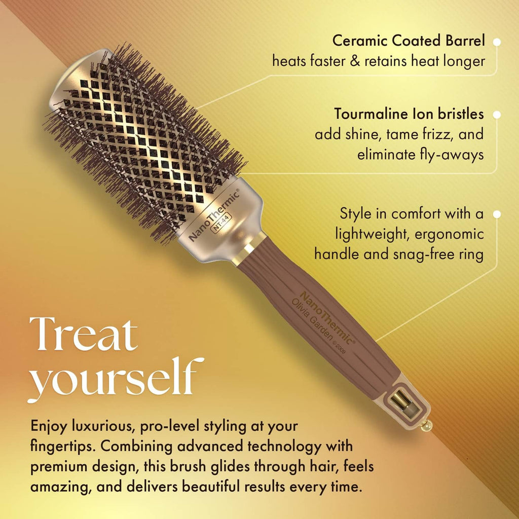 Single round ceramic hair brush with gold mesh barrel and chocolate handle.