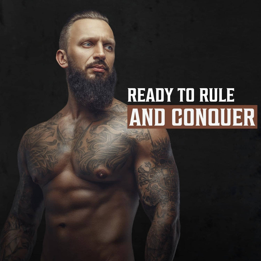 Bearded, tattooed man with full beard; beard wash product concept