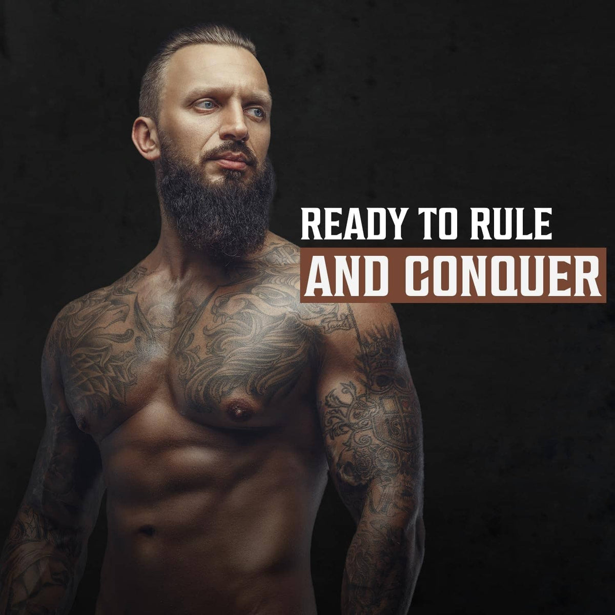 Bearded, tattooed man with full beard; beard wash product concept