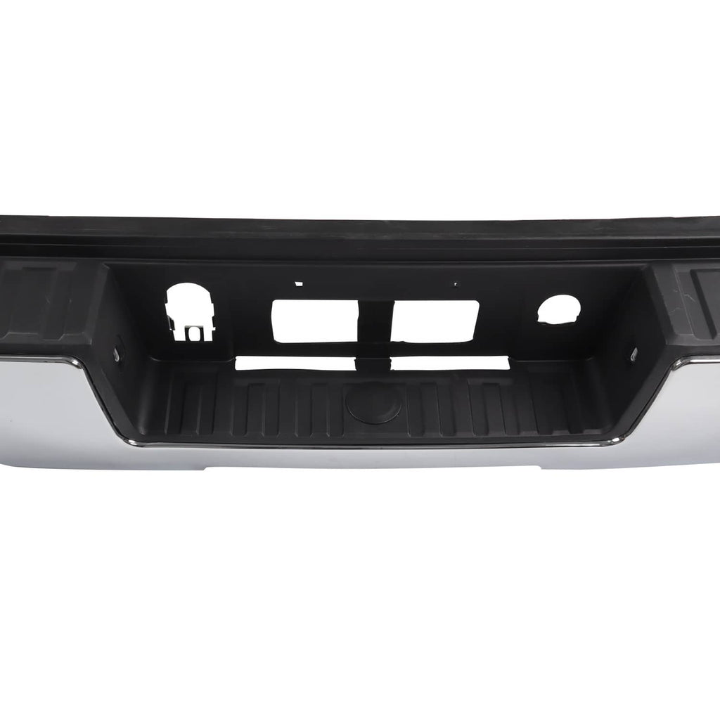Rear step bumper assembly underside with black panel and mounting opening cutouts