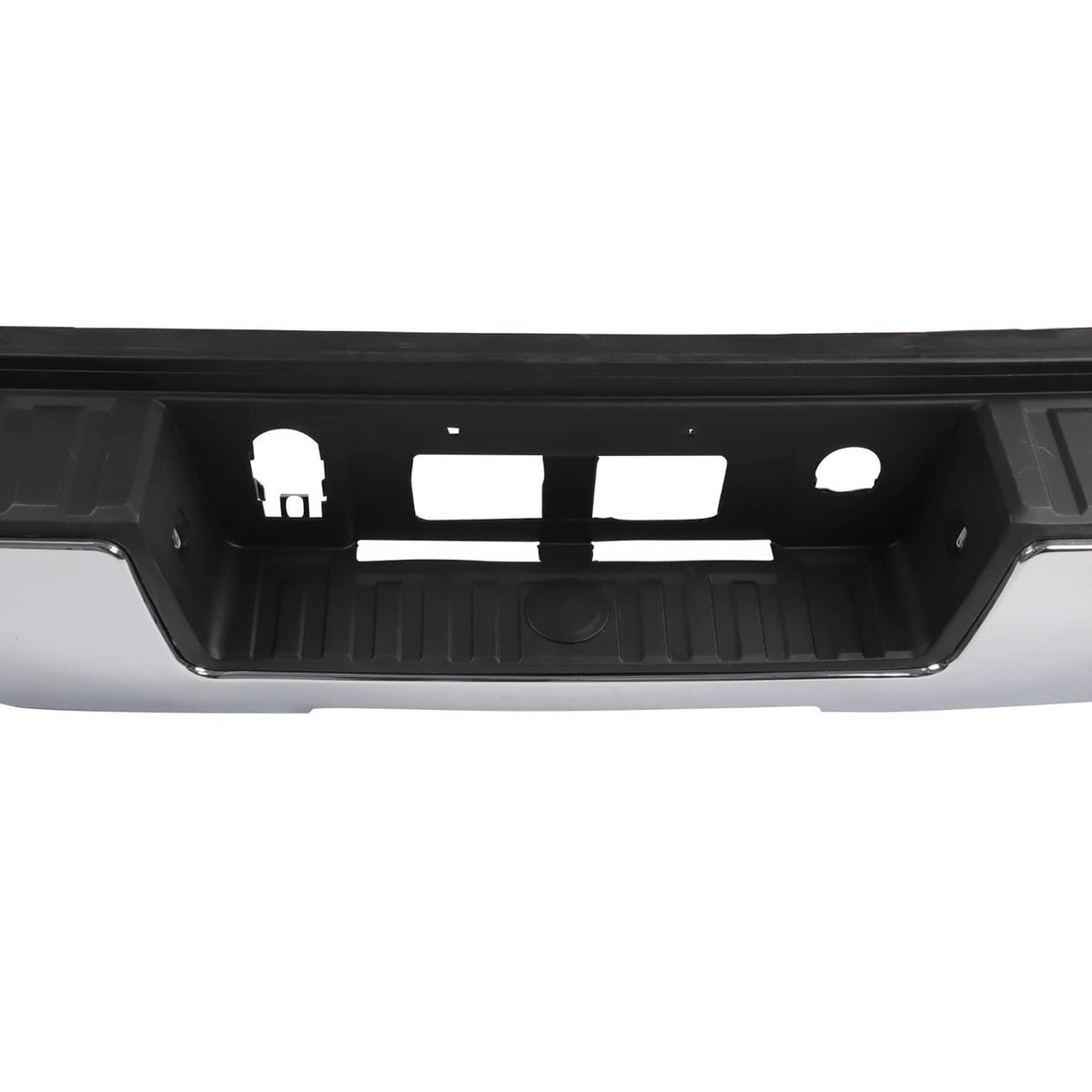 Rear step bumper assembly underside with black panel and mounting opening cutouts