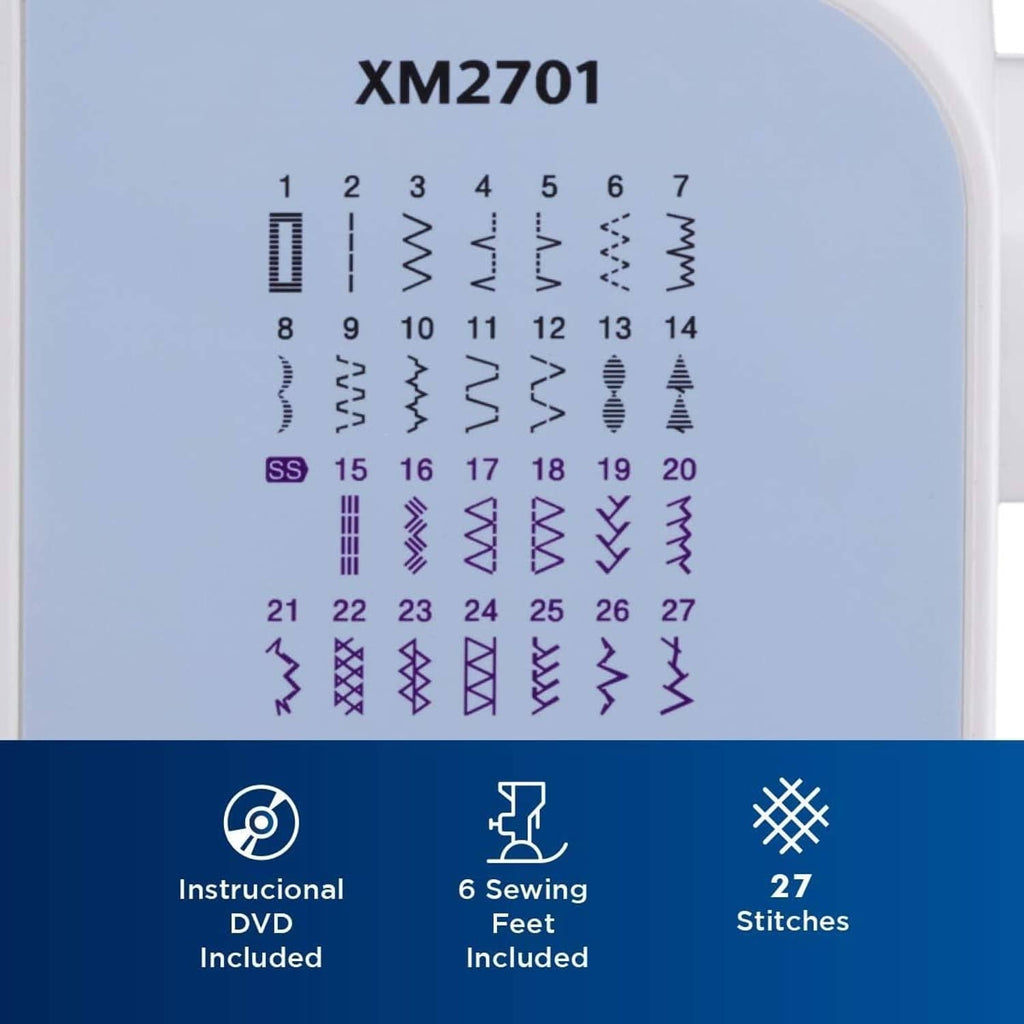 Brother XM2701 sewing machine stitch selection chart on control panel
