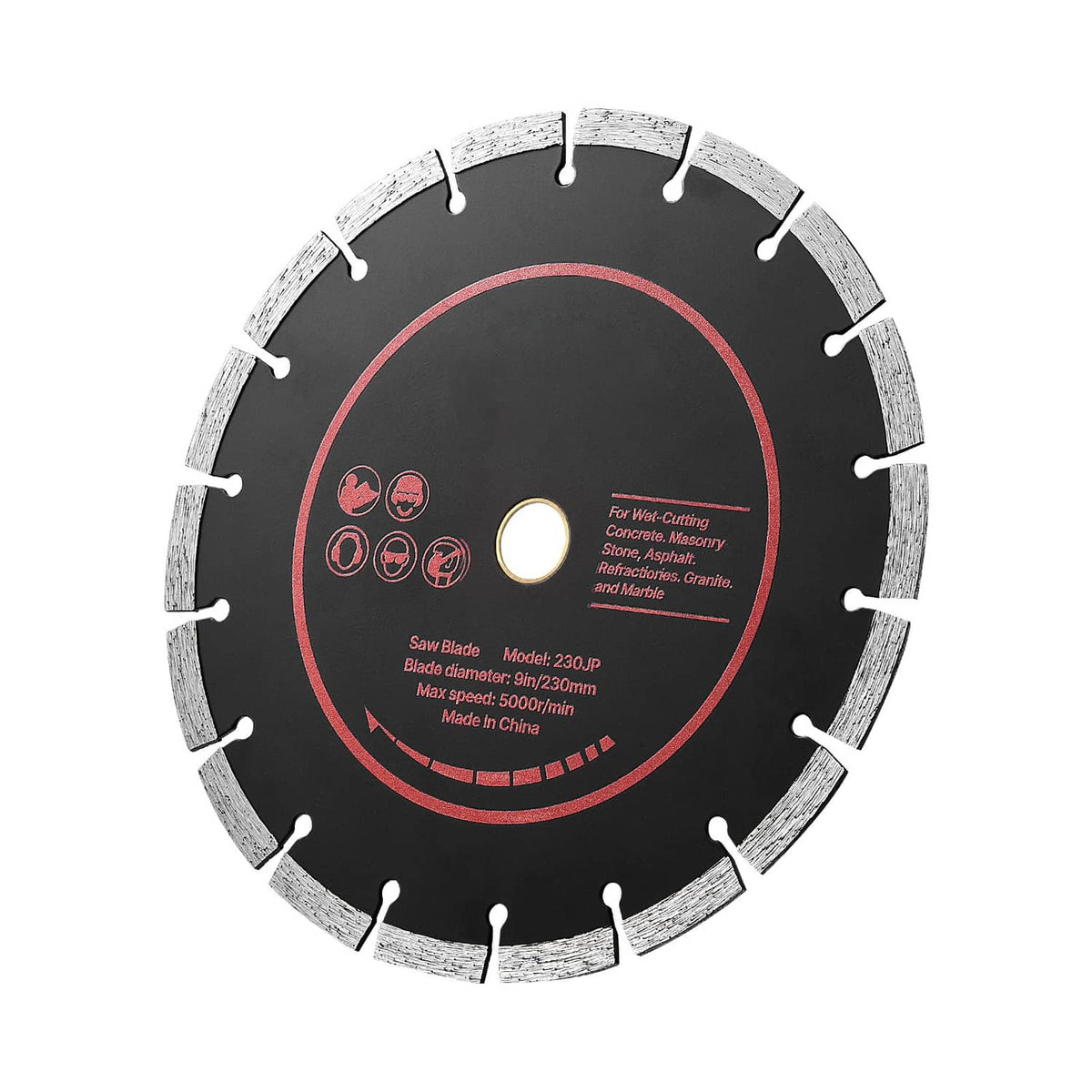Black diamond saw blade with red ring and segmented rim teeth for masonry cutting