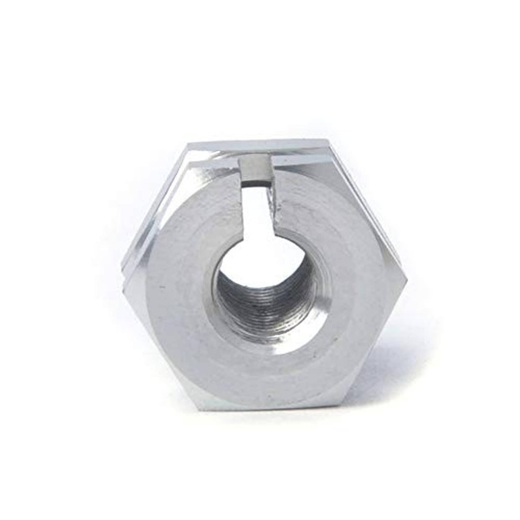 Metal hex adapter fitting with internal threaded hole, silver finish