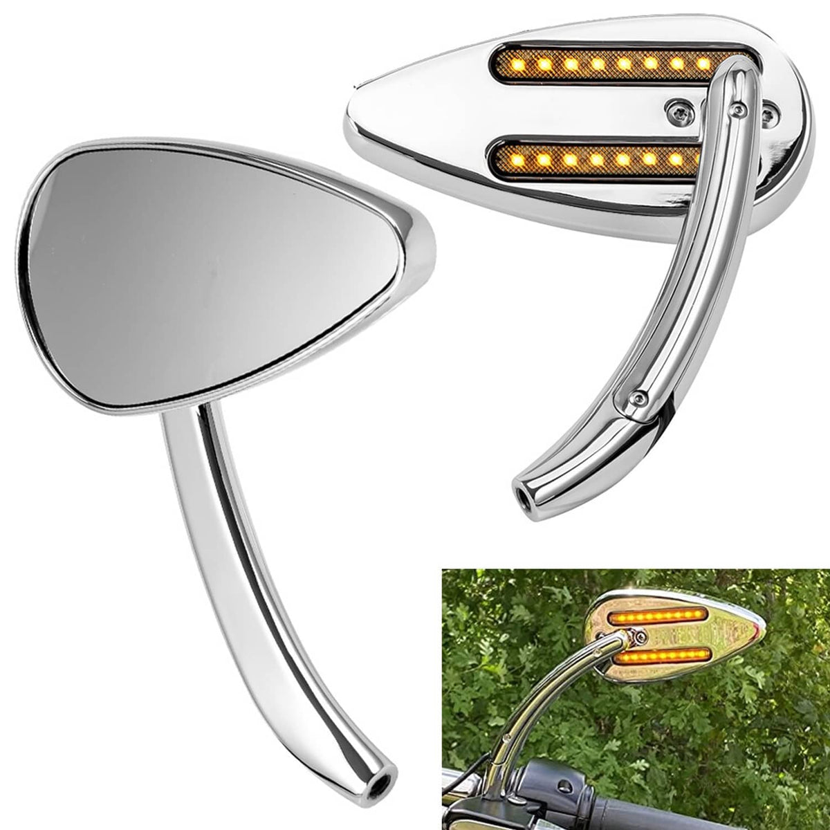 Chrome motorcycle side mirror with amber LED light bars and adjustable mounting bracket