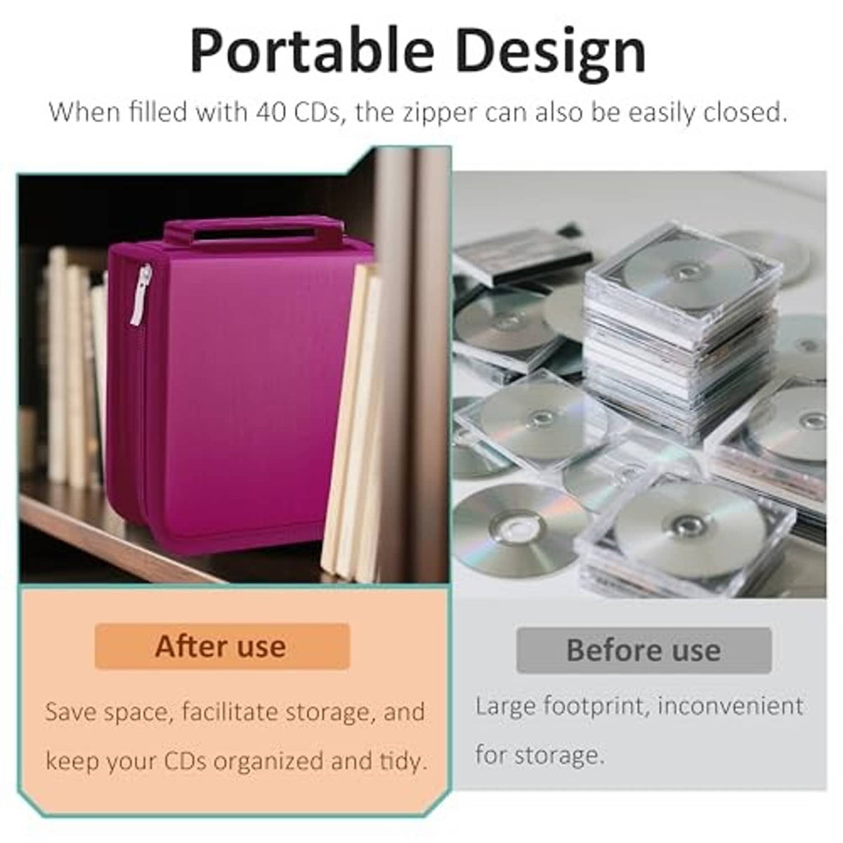 Magenta portable CD storage case with zipper, holding CDs