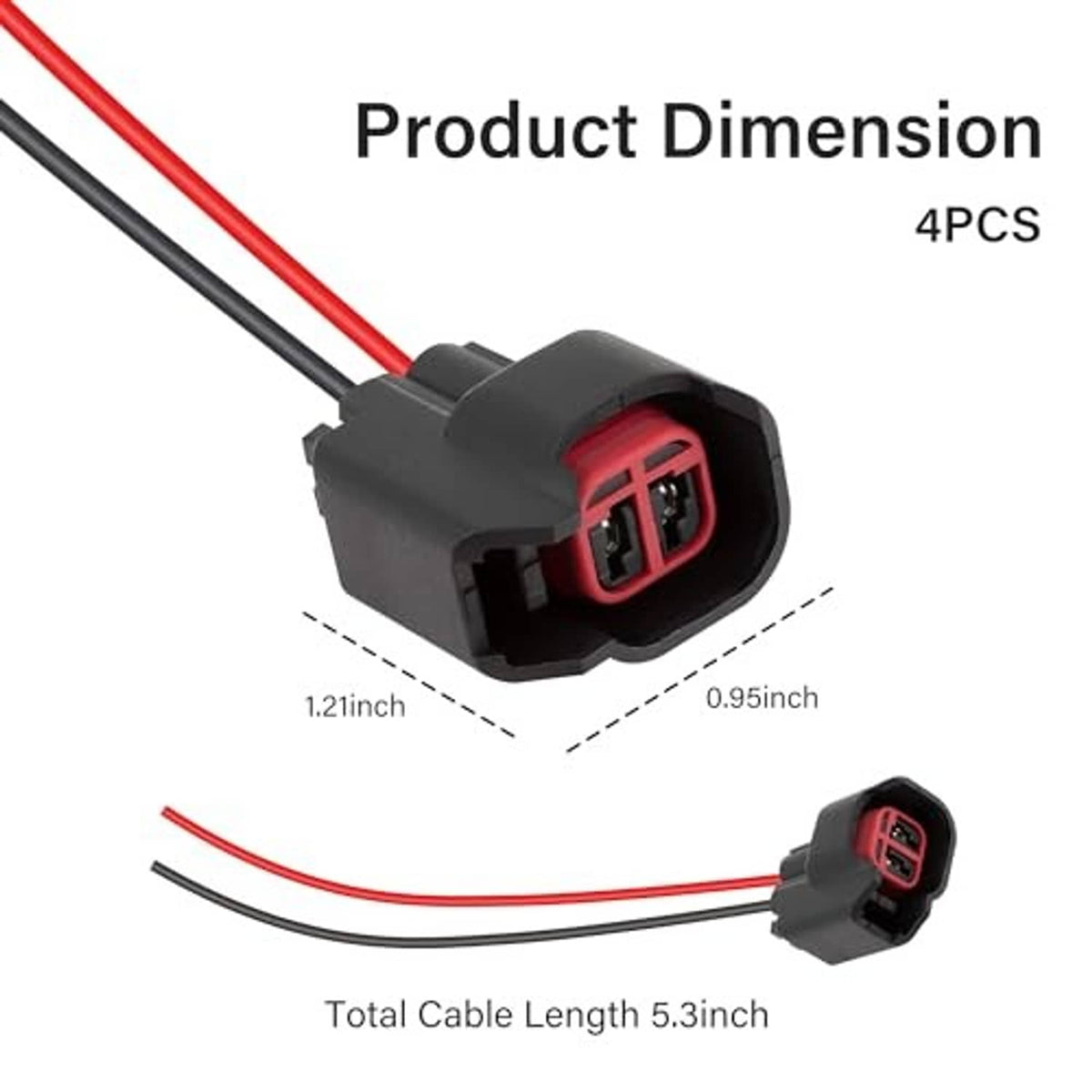 Fuel injector connector pigtail with red connector and black housing, red/black leads