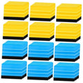 Grid of yellow and blue felt-edge squeegee tools with black rubber blades