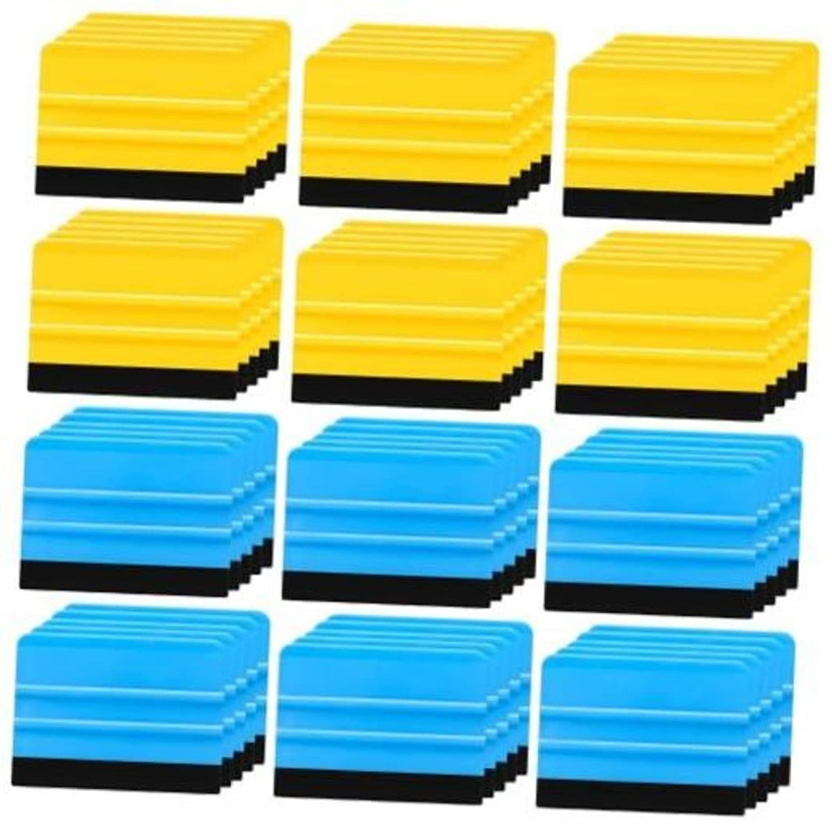 Grid of yellow and blue felt-edge squeegee tools with black rubber blades