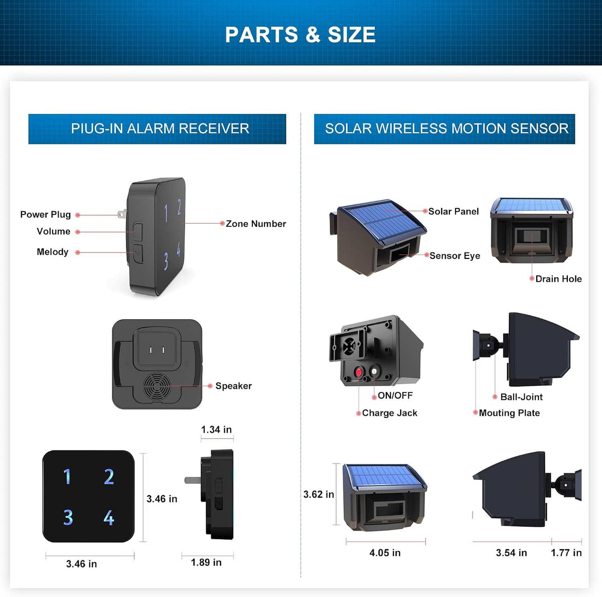 Alarm system parts and size chart showing plug-in receiver and solar wireless motion sensor