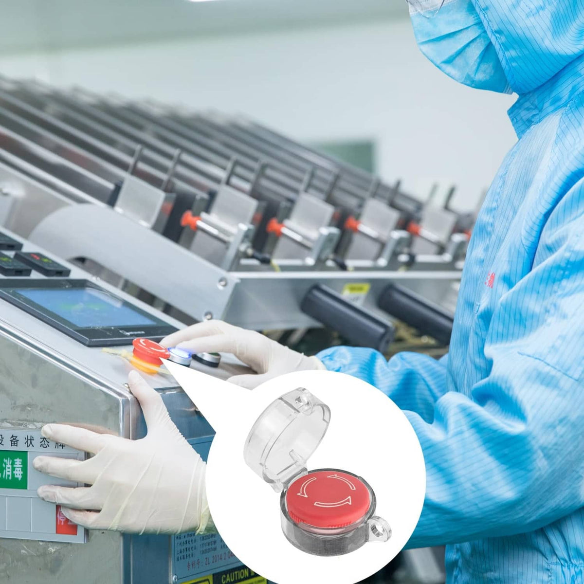 Clear hinged cover protecting a round push button with red center