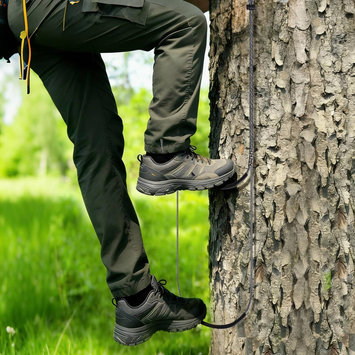 Black climbing stick aider with U-loop rope under boots beside a tree