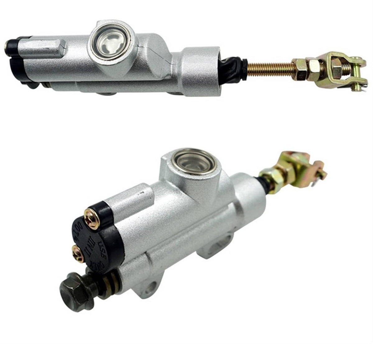 Rear brake master cylinder pump, silver body with reservoir cap and threaded rod