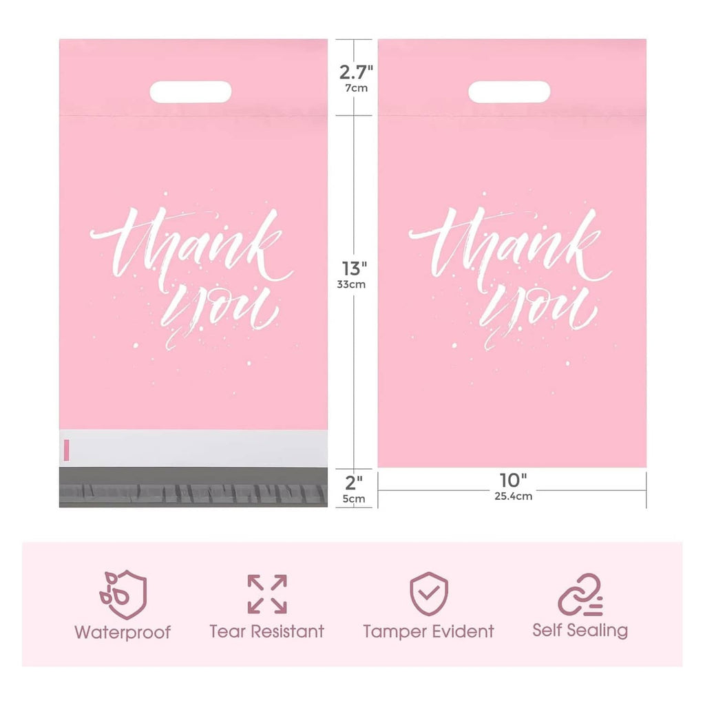 Pink poly mailer front view with size markings and “Thank you” print