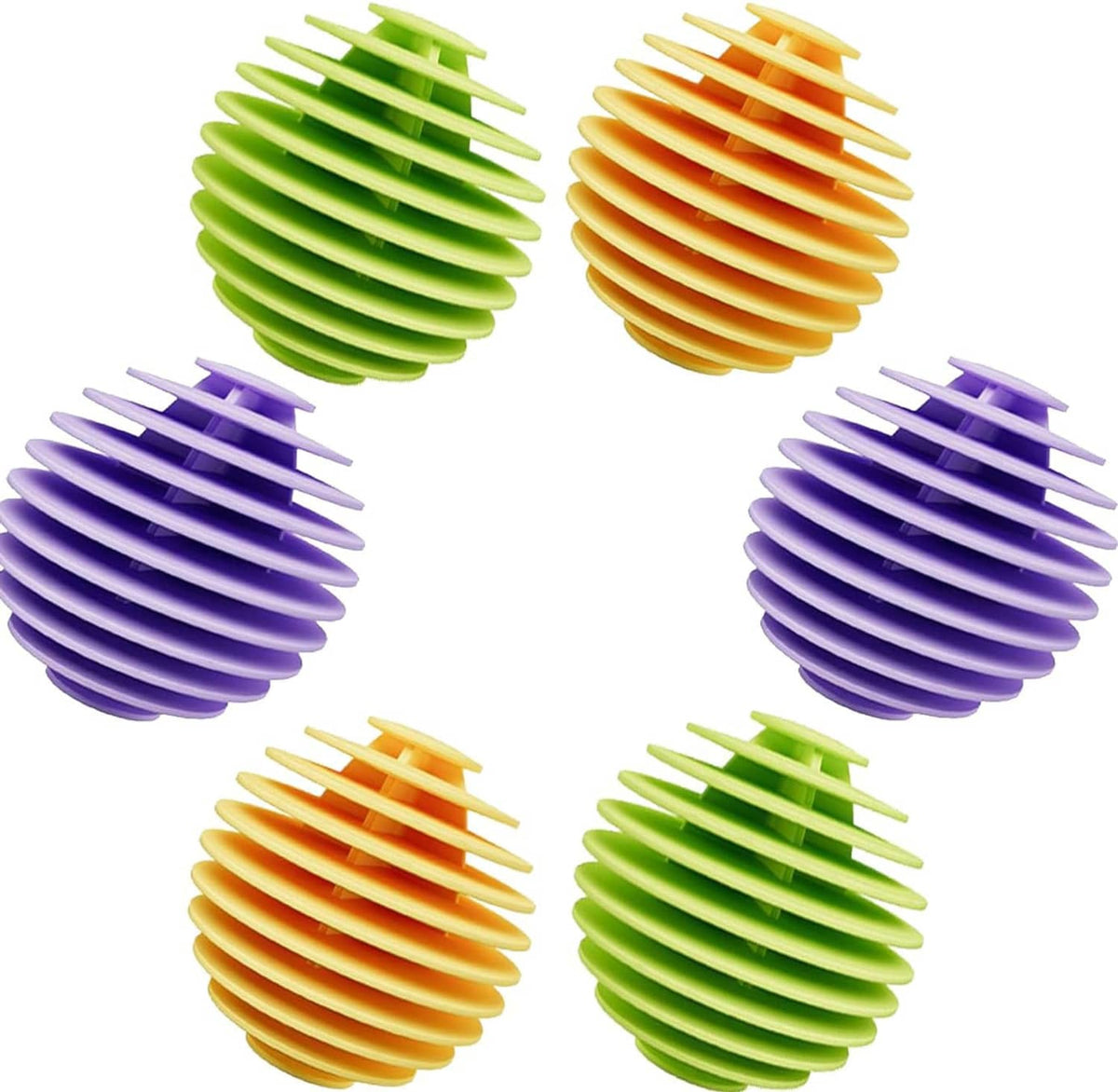Six ribbed dryer balls in green, orange, and purple