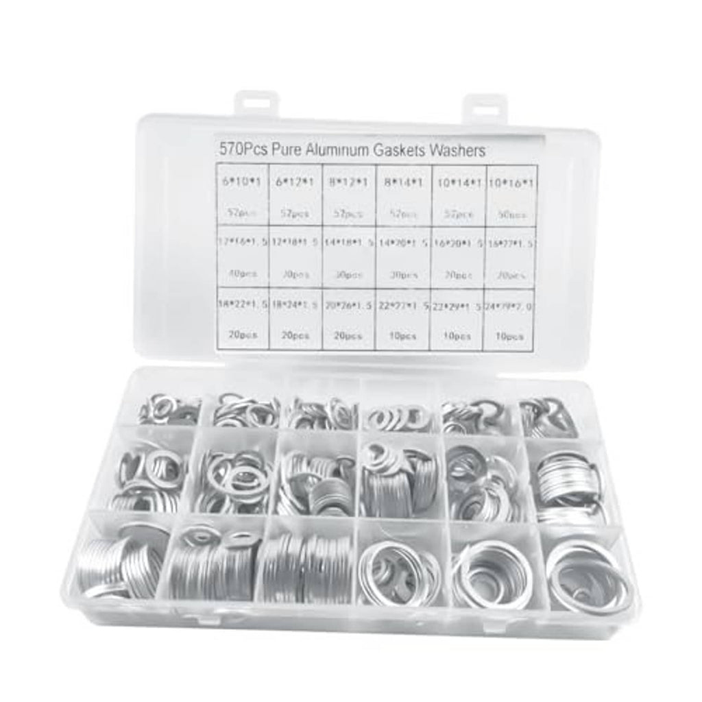 Aluminum gasket washers assortment kit with mixed crush washers in clear storage case