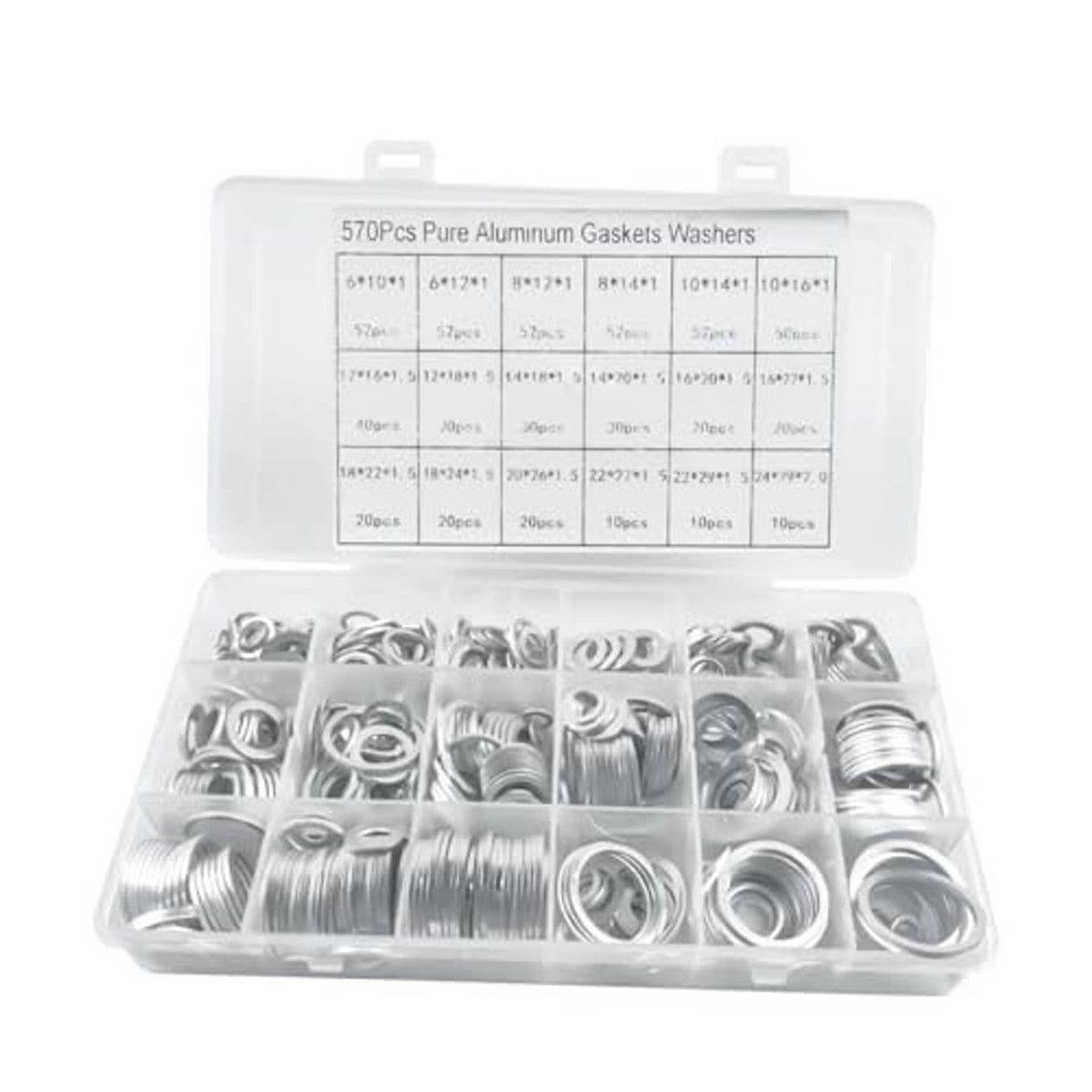Aluminum gasket washers assortment kit with mixed crush washers in clear storage case