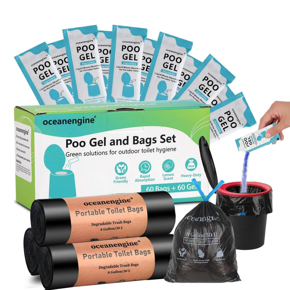 Portable toilet bags and gel packs set with green carton and black bag rolls