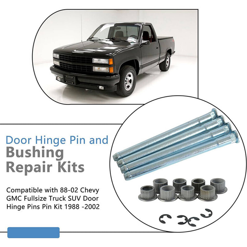 Door hinge pin bushing repair kit with multiple pins, bushings, and clips for door hinges