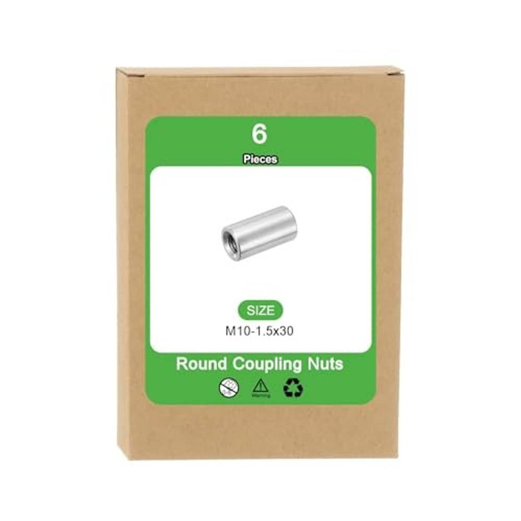 Boxed set of six round stainless steel coupling nuts, M10-1.5 thread size