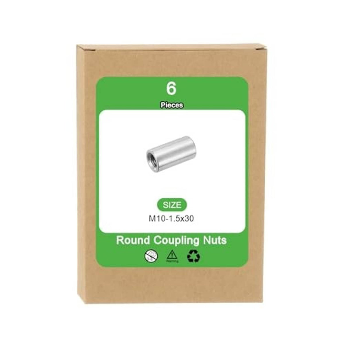 Boxed set of six round stainless steel coupling nuts, M10-1.5 thread size