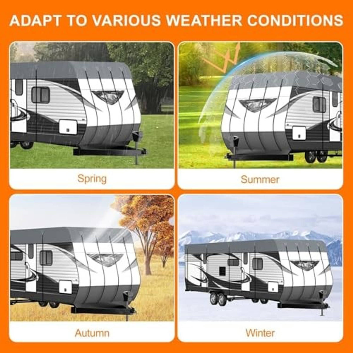 Grey RV roof cover with taut straps for all-season weather protection.