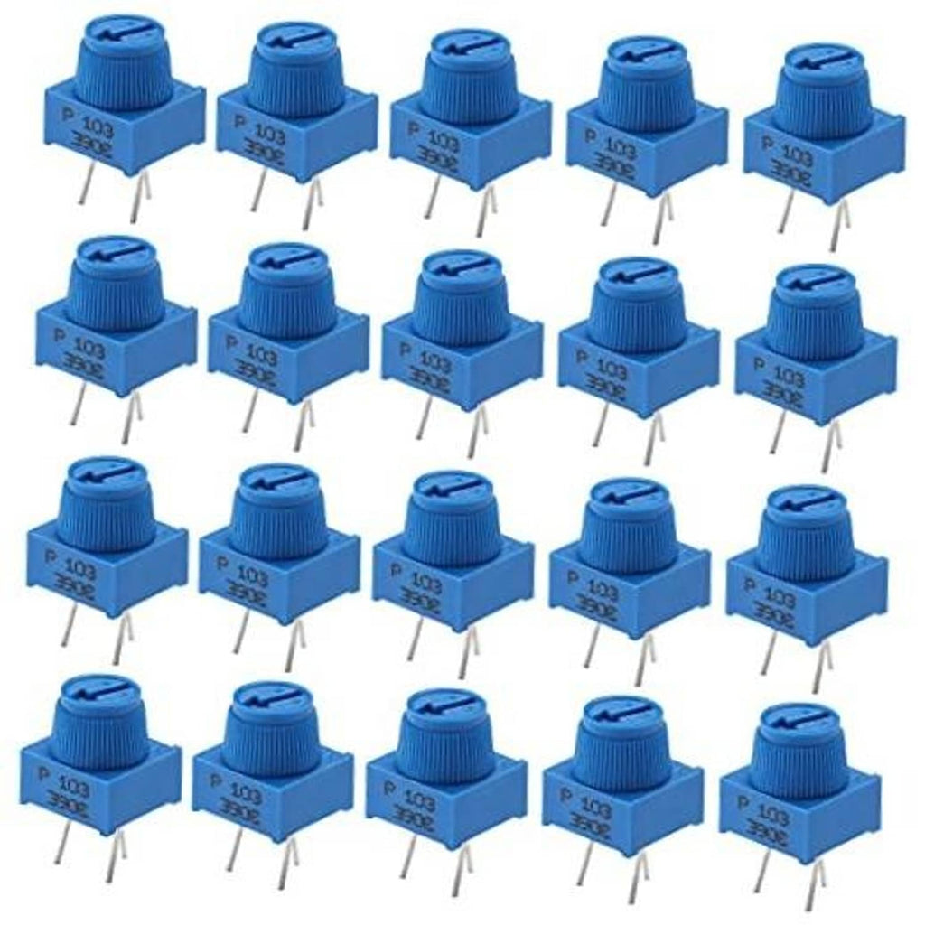 Set of blue 3-pin trim potentiometers with knurled adjustment top and three metal leads