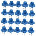 Set of blue 3-pin trim potentiometers with knurled adjustment top and three metal leads