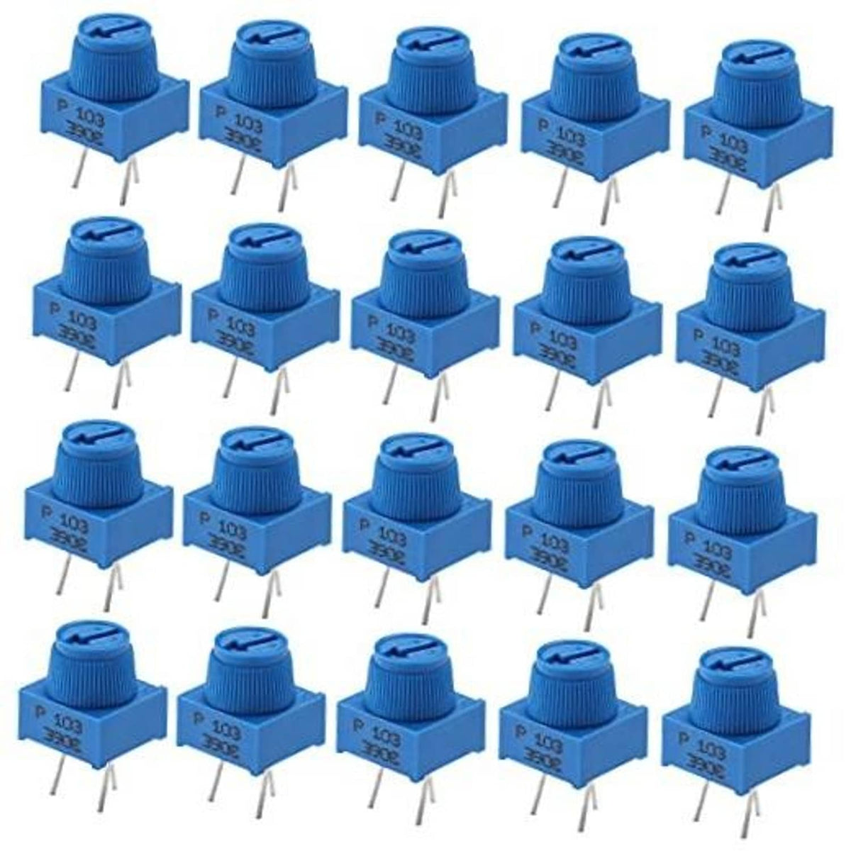 Set of blue 3-pin trim potentiometers with knurled adjustment top and three metal leads