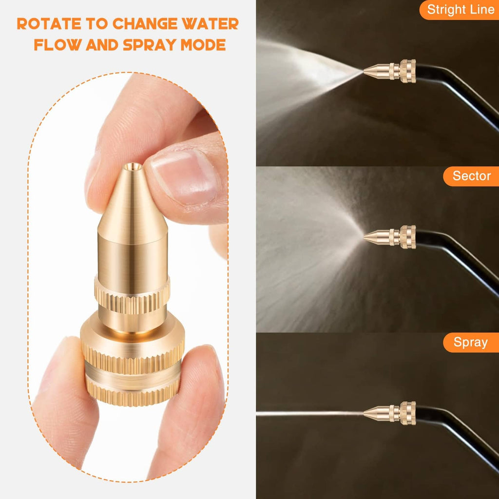 Brass adjustable nozzle with multi-mode spray tip for flow and spray patterns