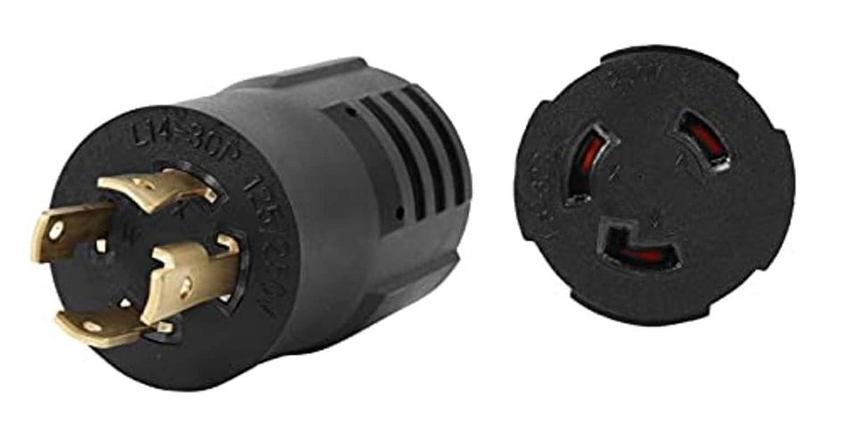 Black 4-prong twist-lock male plug with L6-30R face and brass contact blades