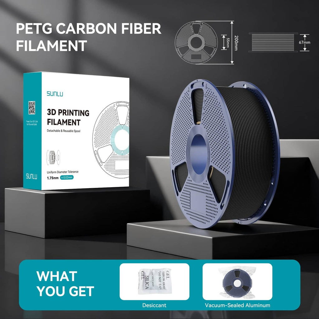 PETG carbon fiber filament spool with included 3D printing filament package