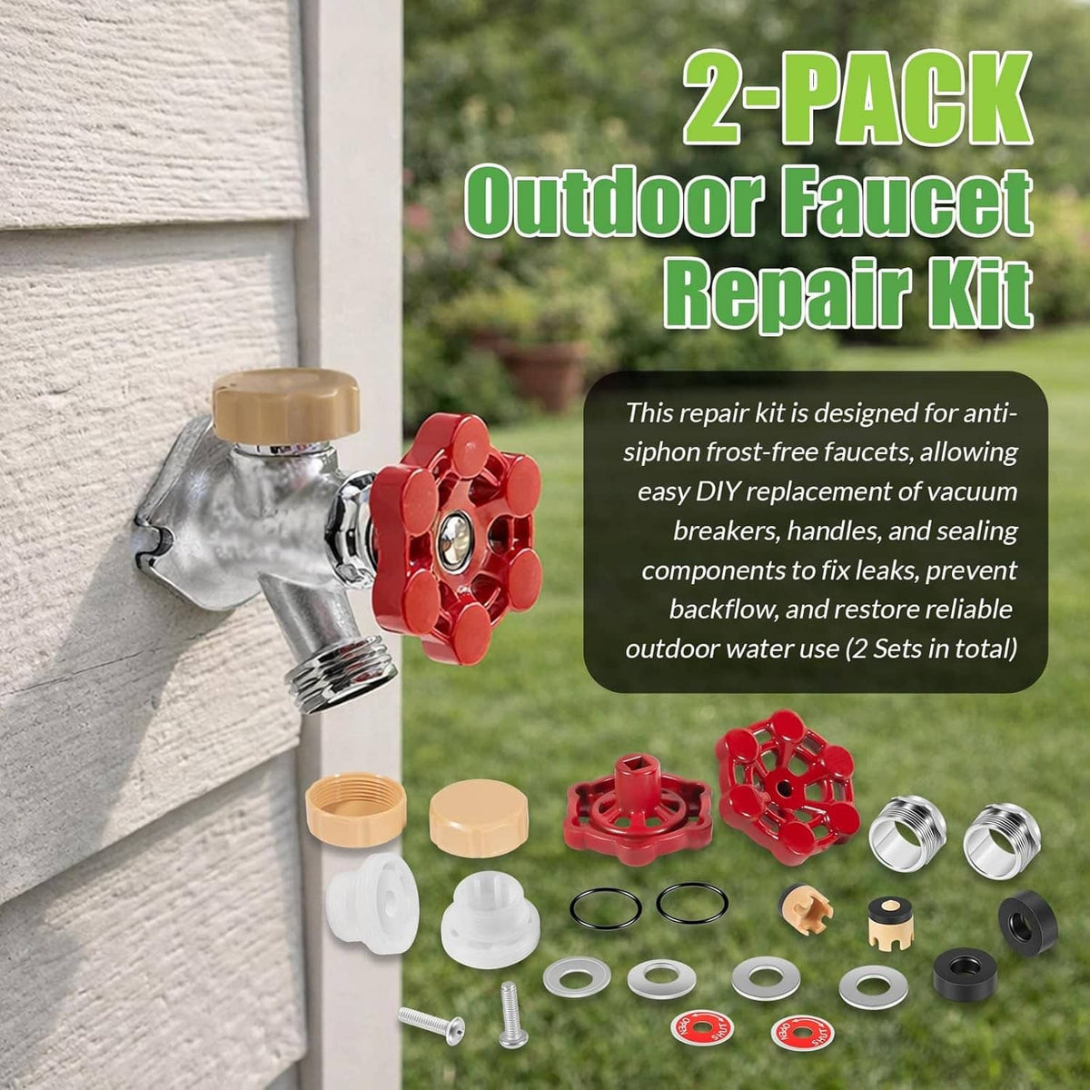 Outdoor faucet repair kit for outdoors with red valve parts and included seals on display