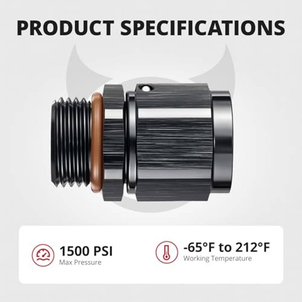 AN fitting with black body, bronze O-ring seal, and paired threaded ends, side angle