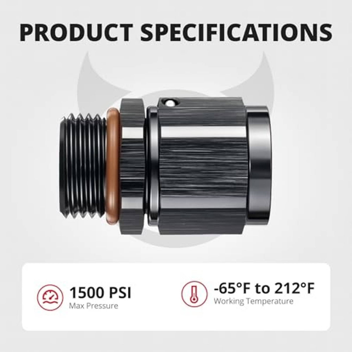 AN fitting with black body, bronze O-ring seal, and paired threaded ends, side angle