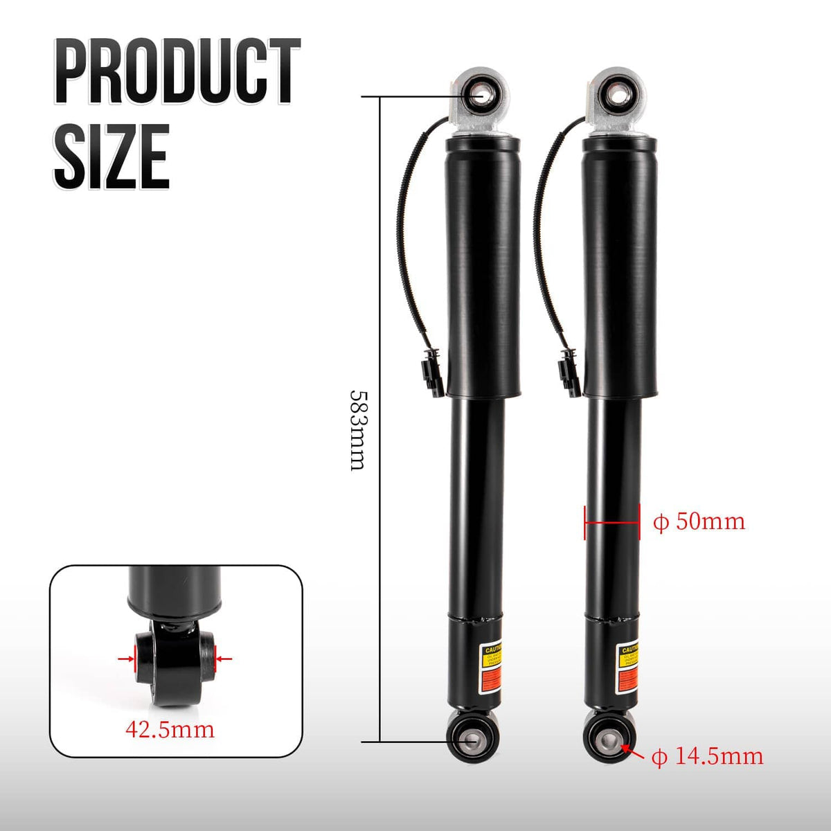 Black rear strut pair with measurement diagram: 38cm length, 14.5mm and 42.5mm