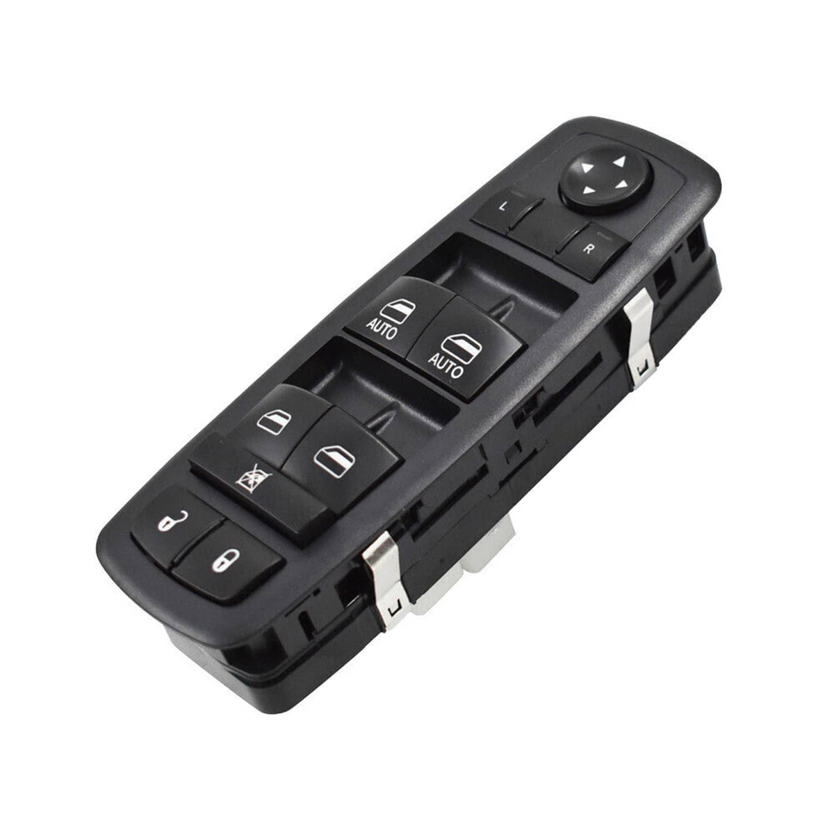 Black power window master switch with control buttons and arrow rocker switches