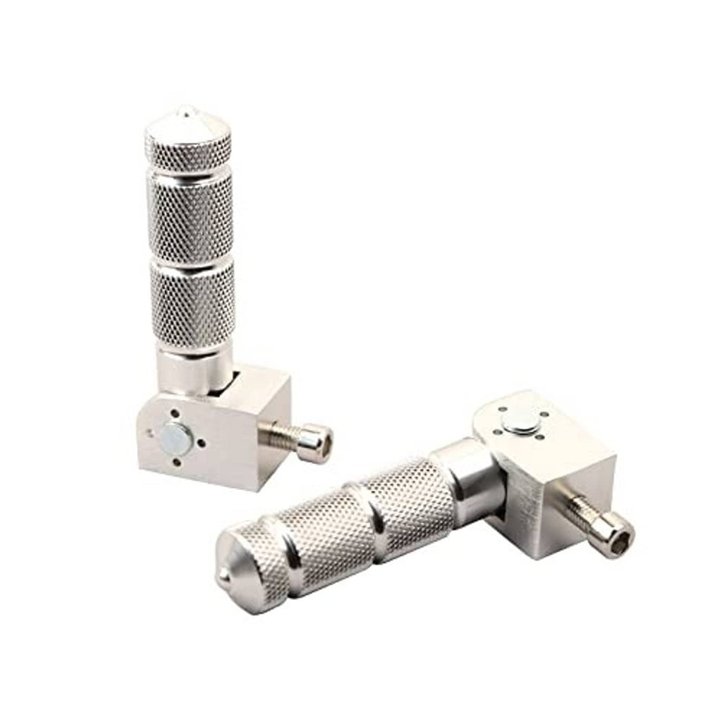 Silver folding motorcycle foot pegs, side view with textured knurl and hinge brackets