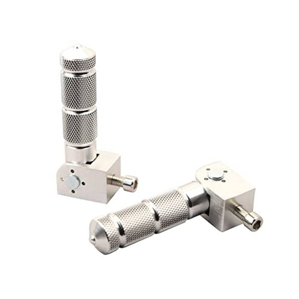 Silver folding motorcycle foot pegs, side view with textured knurl and hinge brackets